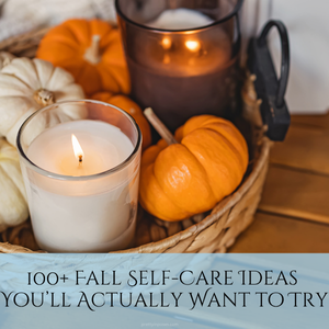 A picture of a basket of pumpkins and candles symbolizing fall self-care ideas.